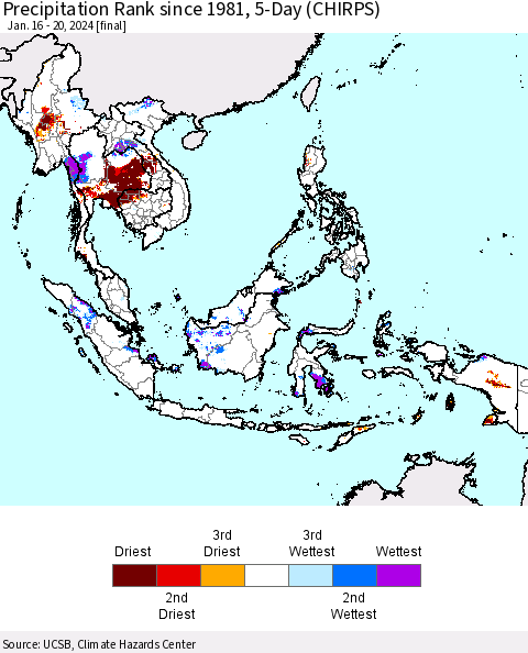 South East Asia Precipitation Rank since 1981, 5-Day (CHIRPS) Thematic Map For 1/16/2024 - 1/20/2024