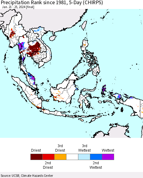 South East Asia Precipitation Rank since 1981, 5-Day (CHIRPS) Thematic Map For 1/21/2024 - 1/25/2024