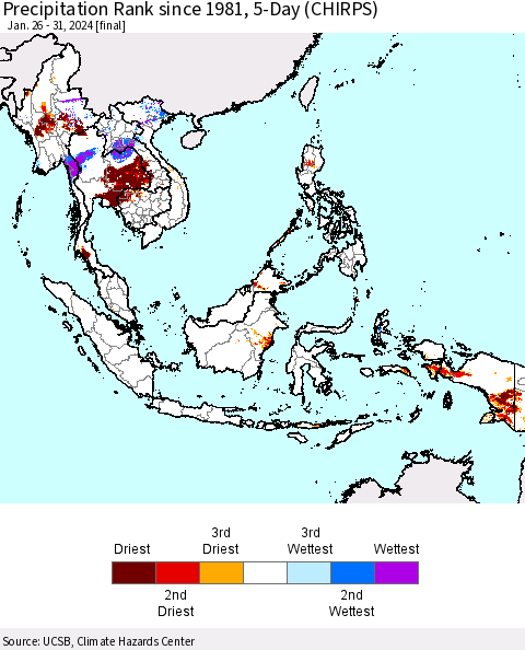 South East Asia Precipitation Rank since 1981, 5-Day (CHIRPS) Thematic Map For 1/26/2024 - 1/31/2024