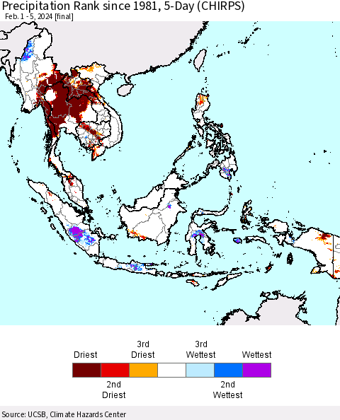 South East Asia Precipitation Rank since 1981, 5-Day (CHIRPS) Thematic Map For 2/1/2024 - 2/5/2024