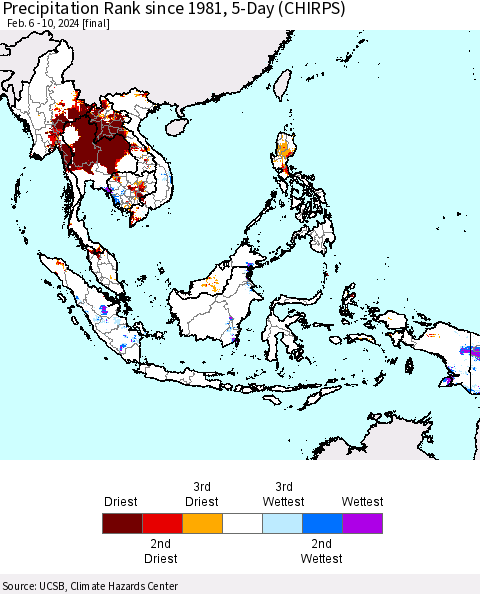 South East Asia Precipitation Rank since 1981, 5-Day (CHIRPS) Thematic Map For 2/6/2024 - 2/10/2024