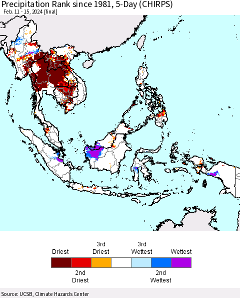 South East Asia Precipitation Rank since 1981, 5-Day (CHIRPS) Thematic Map For 2/11/2024 - 2/15/2024