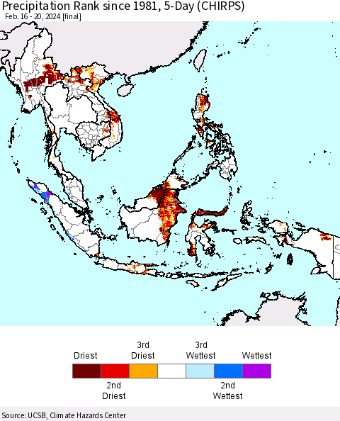South East Asia Precipitation Rank since 1981, 5-Day (CHIRPS) Thematic Map For 2/16/2024 - 2/20/2024