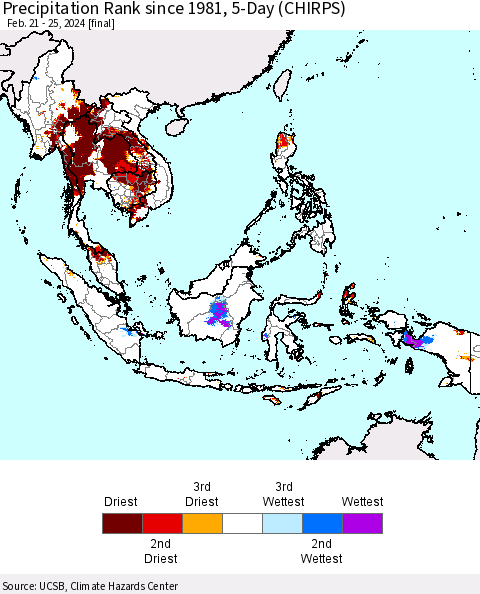 South East Asia Precipitation Rank since 1981, 5-Day (CHIRPS) Thematic Map For 2/21/2024 - 2/25/2024