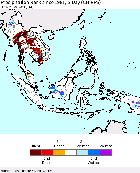 South East Asia Precipitation Rank since 1981, 5-Day (CHIRPS) Thematic Map For 2/26/2024 - 2/29/2024