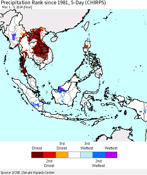 South East Asia Precipitation Rank since 1981, 5-Day (CHIRPS) Thematic Map For 3/1/2024 - 3/5/2024