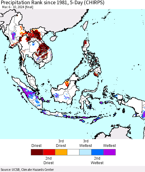 South East Asia Precipitation Rank since 1981, 5-Day (CHIRPS) Thematic Map For 3/6/2024 - 3/10/2024