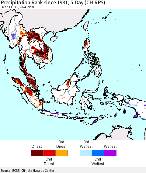 South East Asia Precipitation Rank since 1981, 5-Day (CHIRPS) Thematic Map For 3/11/2024 - 3/15/2024