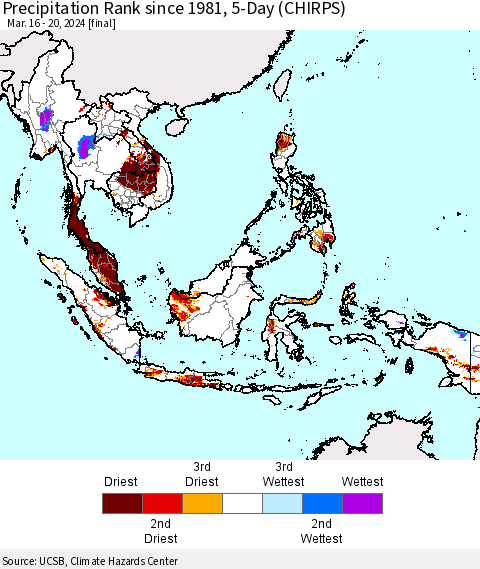 South East Asia Precipitation Rank since 1981, 5-Day (CHIRPS) Thematic Map For 3/16/2024 - 3/20/2024