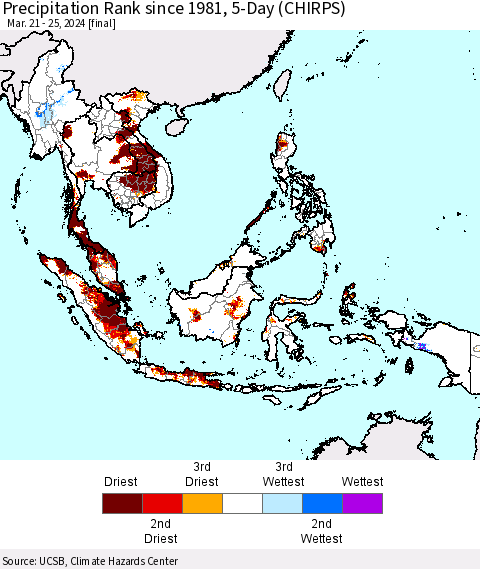 South East Asia Precipitation Rank since 1981, 5-Day (CHIRPS) Thematic Map For 3/21/2024 - 3/25/2024