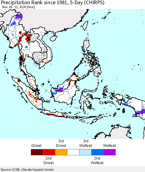 South East Asia Precipitation Rank since 1981, 5-Day (CHIRPS) Thematic Map For 3/26/2024 - 3/31/2024