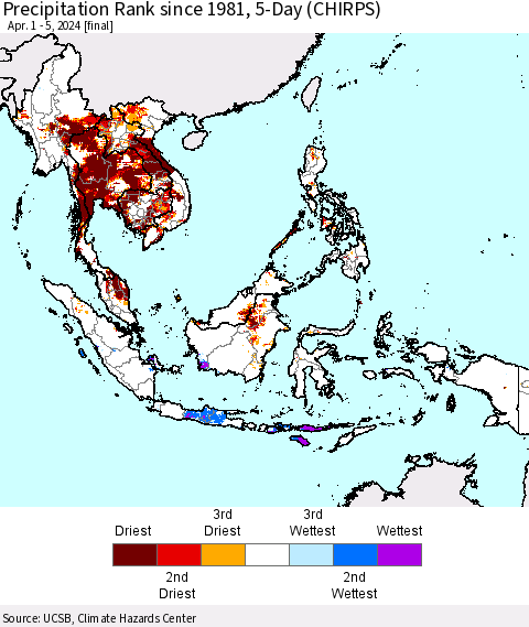 South East Asia Precipitation Rank since 1981, 5-Day (CHIRPS) Thematic Map For 4/1/2024 - 4/5/2024