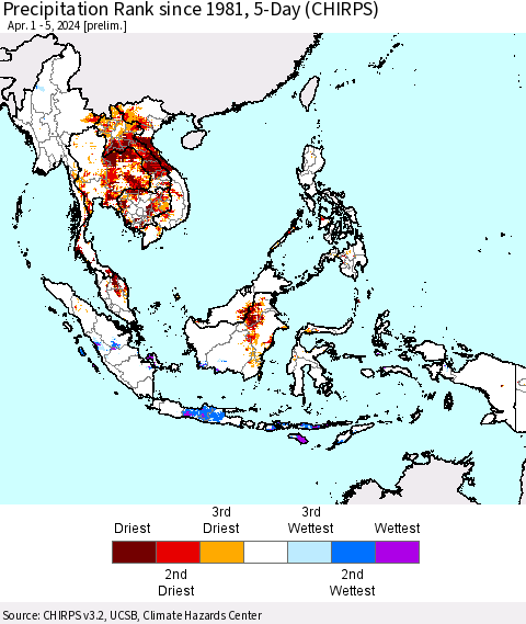 South East Asia Precipitation Rank since 1981, 5-Day (CHIRPS) Thematic Map For 4/1/2024 - 4/5/2024