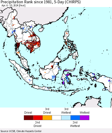 South East Asia Precipitation Rank since 1981, 5-Day (CHIRPS) Thematic Map For 4/6/2024 - 4/10/2024