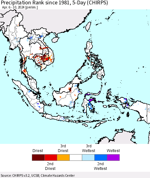 South East Asia Precipitation Rank since 1981, 5-Day (CHIRPS) Thematic Map For 4/6/2024 - 4/10/2024
