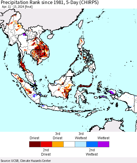 South East Asia Precipitation Rank since 1981, 5-Day (CHIRPS) Thematic Map For 4/11/2024 - 4/15/2024