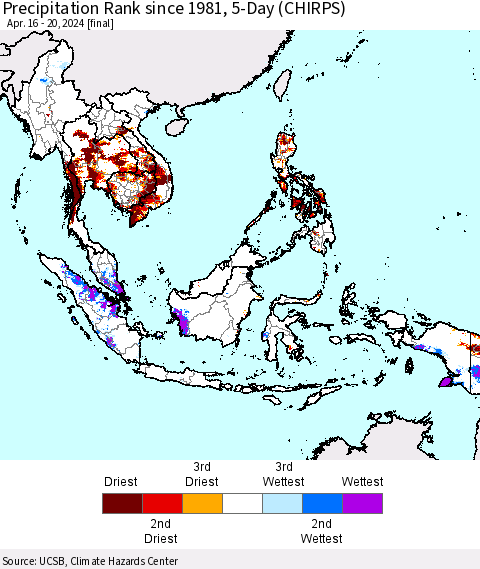 South East Asia Precipitation Rank since 1981, 5-Day (CHIRPS) Thematic Map For 4/16/2024 - 4/20/2024