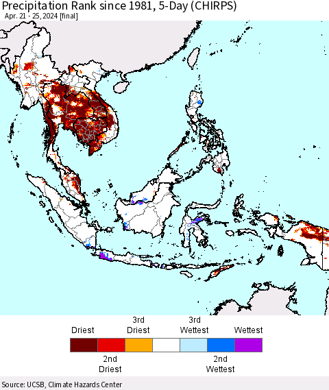South East Asia Precipitation Rank since 1981, 5-Day (CHIRPS) Thematic Map For 4/21/2024 - 4/25/2024