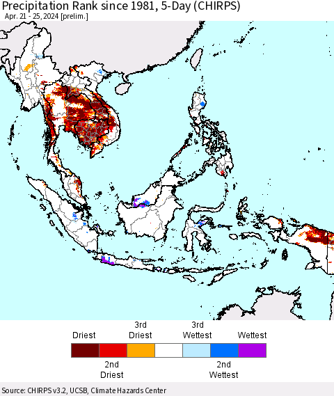 South East Asia Precipitation Rank since 1981, 5-Day (CHIRPS) Thematic Map For 4/21/2024 - 4/25/2024