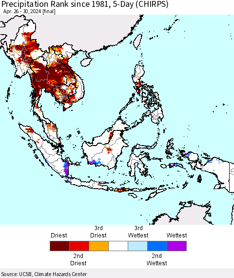 South East Asia Precipitation Rank since 1981, 5-Day (CHIRPS) Thematic Map For 4/26/2024 - 4/30/2024