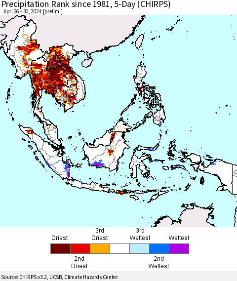 South East Asia Precipitation Rank since 1981, 5-Day (CHIRPS) Thematic Map For 4/26/2024 - 4/30/2024