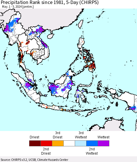 South East Asia Precipitation Rank since 1981, 5-Day (CHIRPS) Thematic Map For 5/1/2024 - 5/5/2024