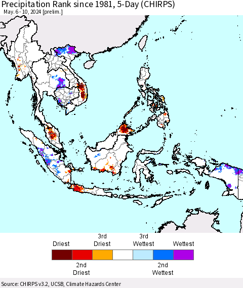 South East Asia Precipitation Rank since 1981, 5-Day (CHIRPS) Thematic Map For 5/6/2024 - 5/10/2024
