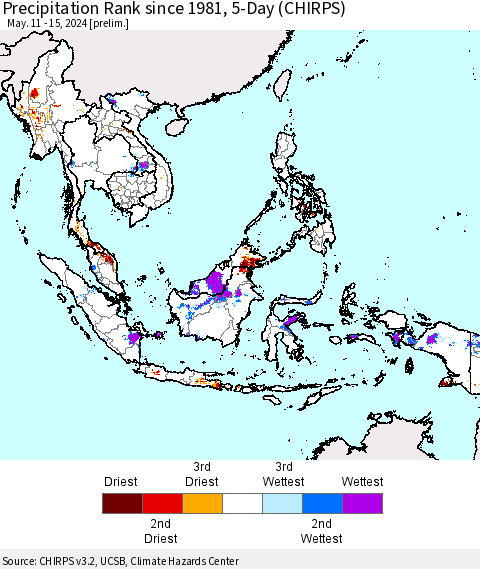 South East Asia Precipitation Rank since 1981, 5-Day (CHIRPS) Thematic Map For 5/11/2024 - 5/15/2024