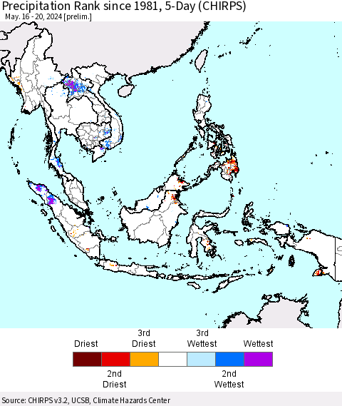South East Asia Precipitation Rank since 1981, 5-Day (CHIRPS) Thematic Map For 5/16/2024 - 5/20/2024
