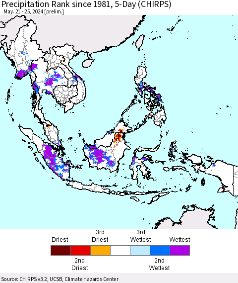 South East Asia Precipitation Rank since 1981, 5-Day (CHIRPS) Thematic Map For 5/21/2024 - 5/25/2024
