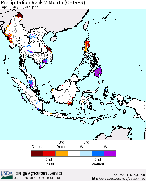 South East Asia Precipitation Rank since 1981, 2-Month (CHIRPS) Thematic Map For 4/1/2021 - 5/31/2021