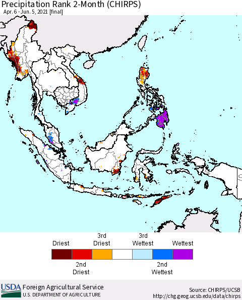South East Asia Precipitation Rank since 1981, 2-Month (CHIRPS) Thematic Map For 4/6/2021 - 6/5/2021