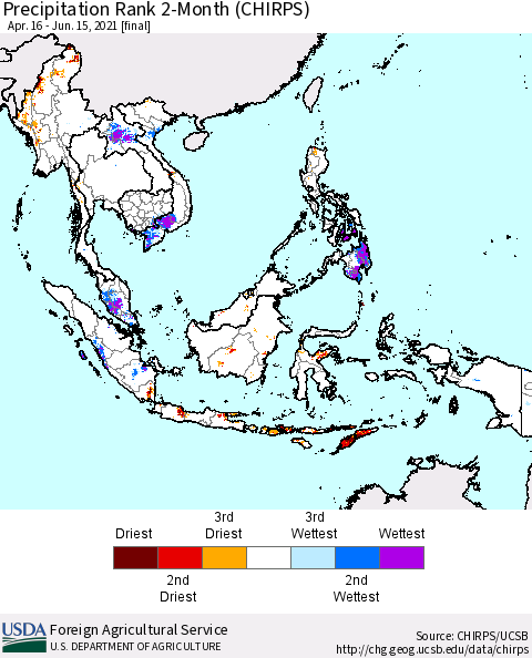 South East Asia Precipitation Rank since 1981, 2-Month (CHIRPS) Thematic Map For 4/16/2021 - 6/15/2021
