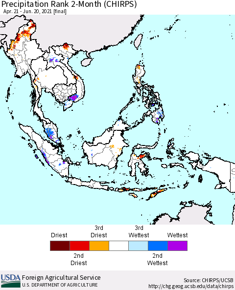 South East Asia Precipitation Rank since 1981, 2-Month (CHIRPS) Thematic Map For 4/21/2021 - 6/20/2021
