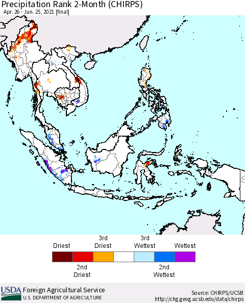 South East Asia Precipitation Rank since 1981, 2-Month (CHIRPS) Thematic Map For 4/26/2021 - 6/25/2021