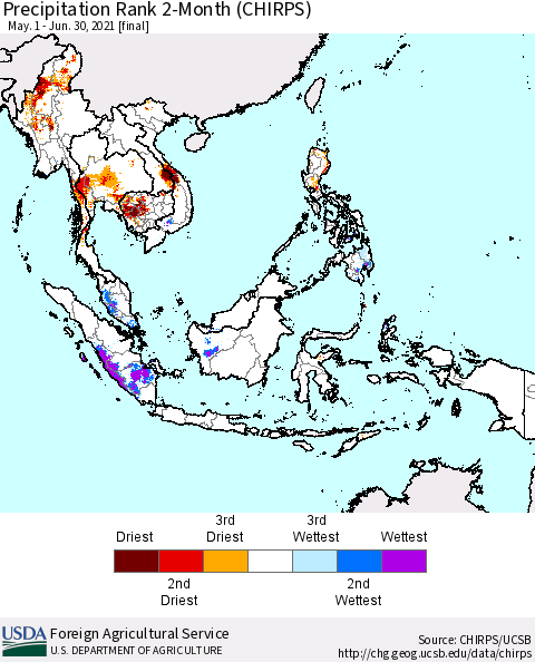 South East Asia Precipitation Rank since 1981, 2-Month (CHIRPS) Thematic Map For 5/1/2021 - 6/30/2021