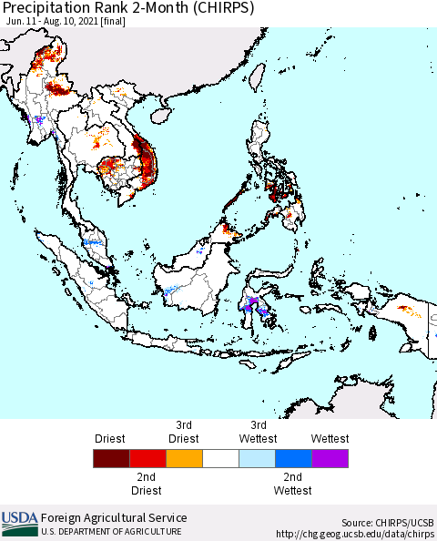 South East Asia Precipitation Rank since 1981, 2-Month (CHIRPS) Thematic Map For 6/11/2021 - 8/10/2021