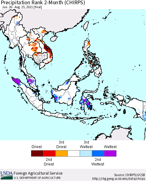 South East Asia Precipitation Rank since 1981, 2-Month (CHIRPS) Thematic Map For 6/26/2021 - 8/25/2021