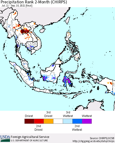 South East Asia Precipitation Rank since 1981, 2-Month (CHIRPS) Thematic Map For 7/11/2021 - 9/10/2021