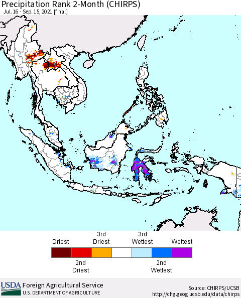 South East Asia Precipitation Rank since 1981, 2-Month (CHIRPS) Thematic Map For 7/16/2021 - 9/15/2021