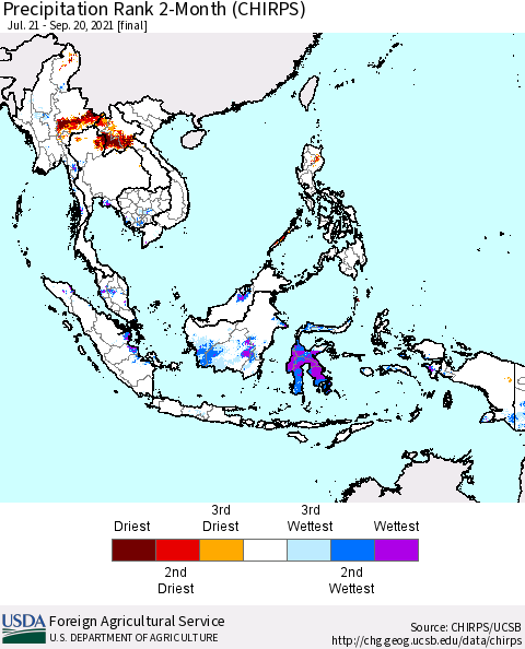South East Asia Precipitation Rank since 1981, 2-Month (CHIRPS) Thematic Map For 7/21/2021 - 9/20/2021
