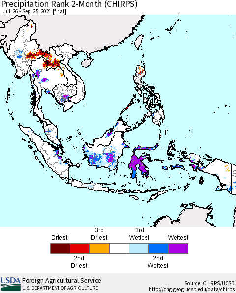 South East Asia Precipitation Rank since 1981, 2-Month (CHIRPS) Thematic Map For 7/26/2021 - 9/25/2021