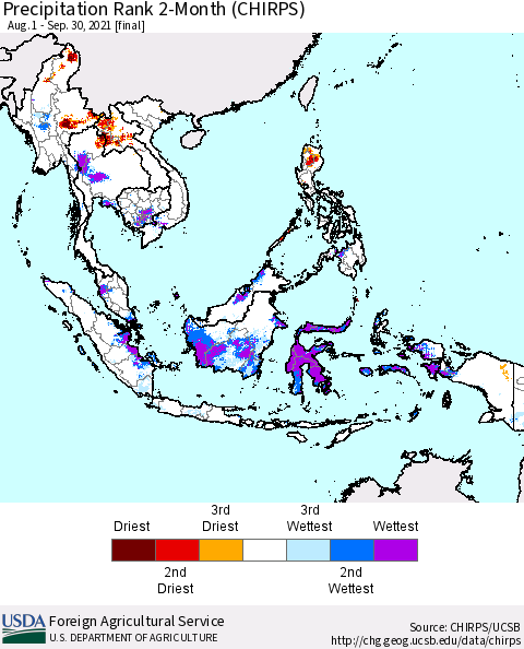 South East Asia Precipitation Rank since 1981, 2-Month (CHIRPS) Thematic Map For 8/1/2021 - 9/30/2021
