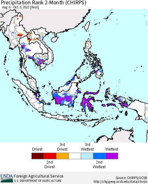 South East Asia Precipitation Rank since 1981, 2-Month (CHIRPS) Thematic Map For 8/6/2021 - 10/5/2021