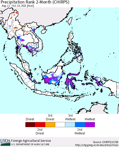 South East Asia Precipitation Rank since 1981, 2-Month (CHIRPS) Thematic Map For 8/11/2021 - 10/10/2021