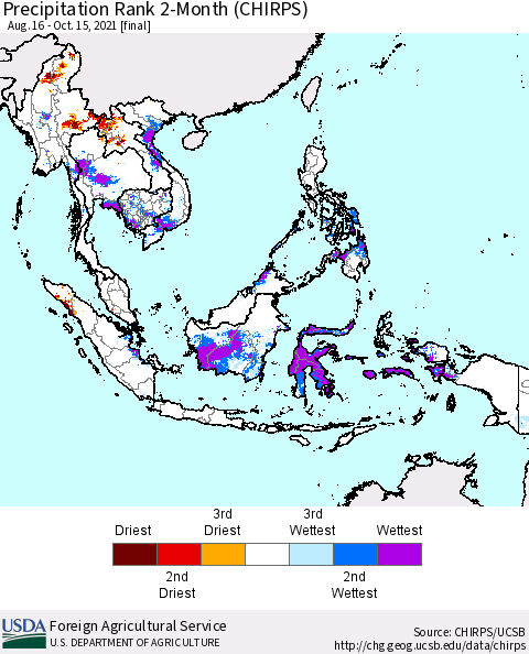 South East Asia Precipitation Rank since 1981, 2-Month (CHIRPS) Thematic Map For 8/16/2021 - 10/15/2021