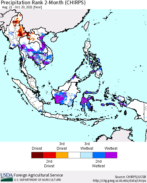 South East Asia Precipitation Rank since 1981, 2-Month (CHIRPS) Thematic Map For 8/21/2021 - 10/20/2021