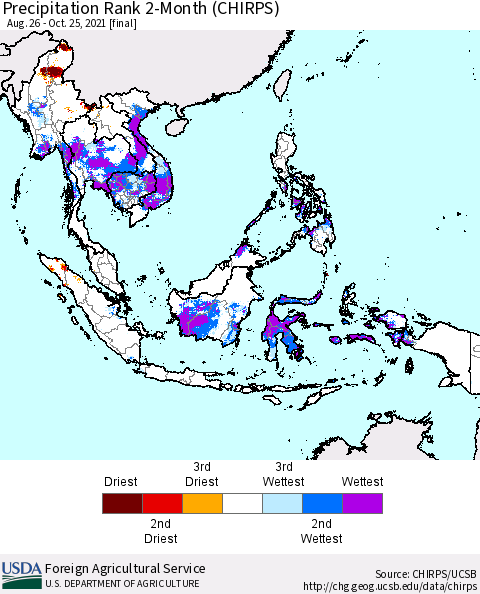 South East Asia Precipitation Rank since 1981, 2-Month (CHIRPS) Thematic Map For 8/26/2021 - 10/25/2021