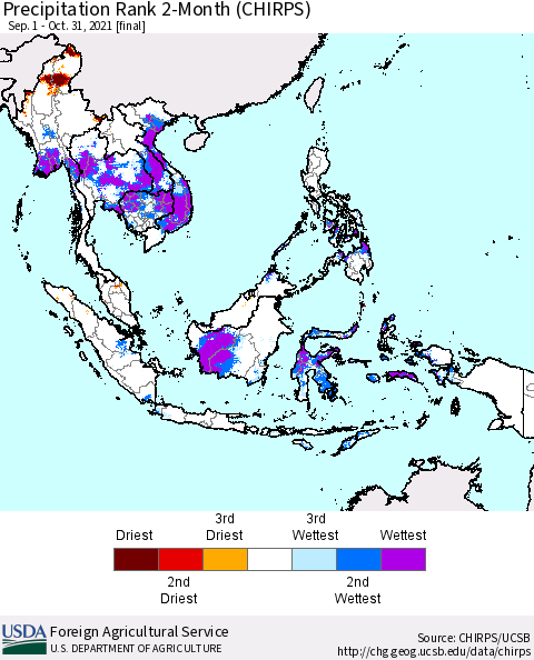 South East Asia Precipitation Rank since 1981, 2-Month (CHIRPS) Thematic Map For 9/1/2021 - 10/31/2021