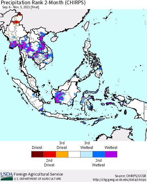 South East Asia Precipitation Rank since 1981, 2-Month (CHIRPS) Thematic Map For 9/6/2021 - 11/5/2021